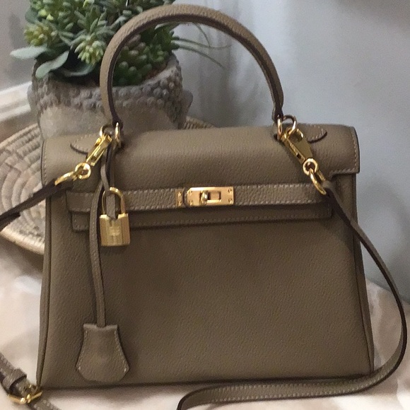 New Elegant Taupe Designer Inspired Satchel Bag with crossbody strap. - Picture 2 of 12
